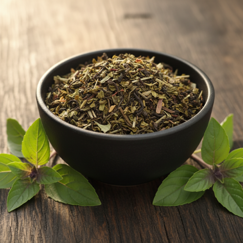 Black bowl filled with green dried herbs on a wooden surface with fresh mint leaves.