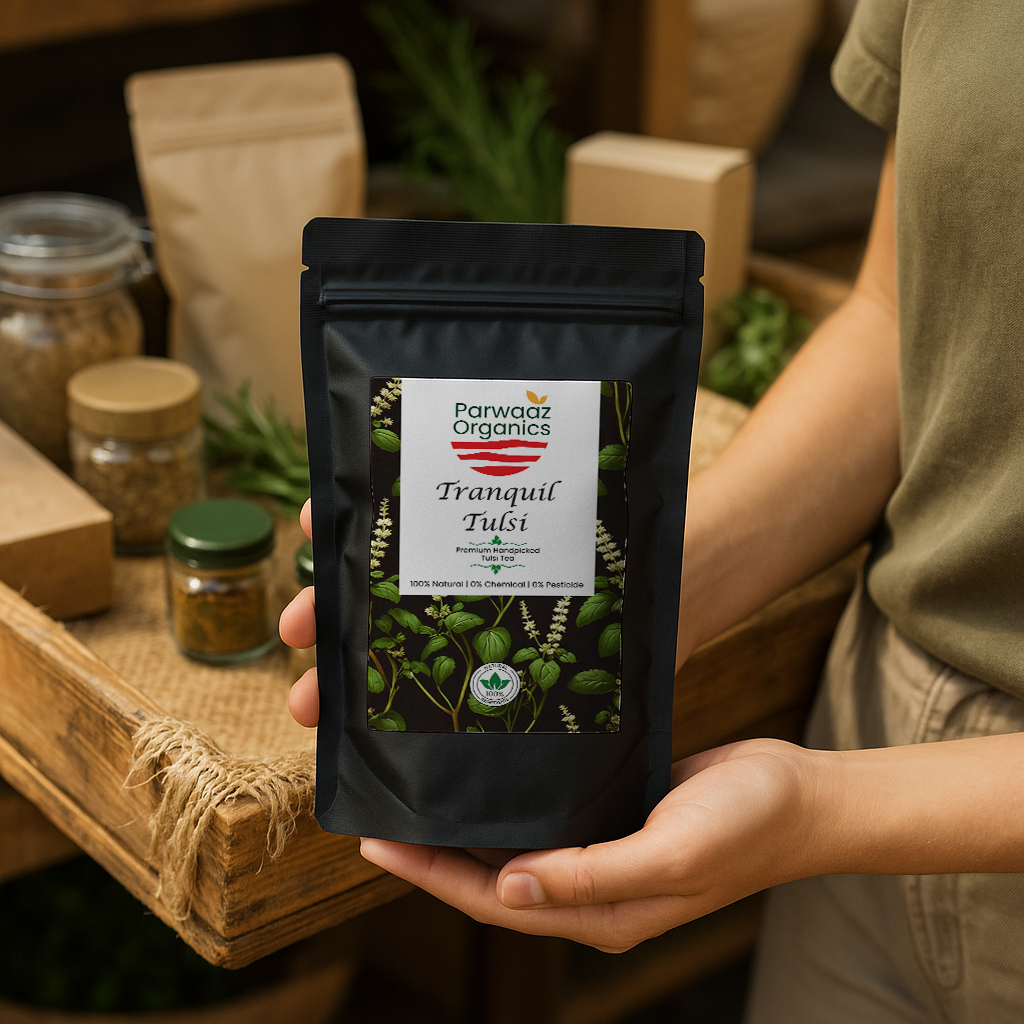 Person holding a Parwaaz Organics Tranquil Tulsi package with a rustic background