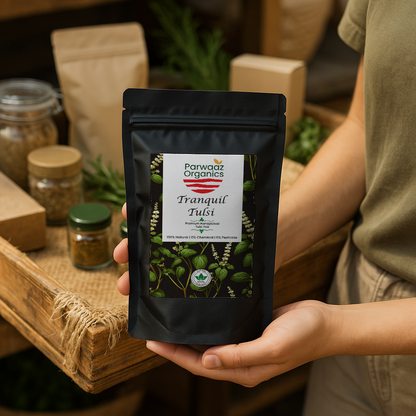 Person holding a Parwaaz Organics Tranquil Tulsi package with a rustic background