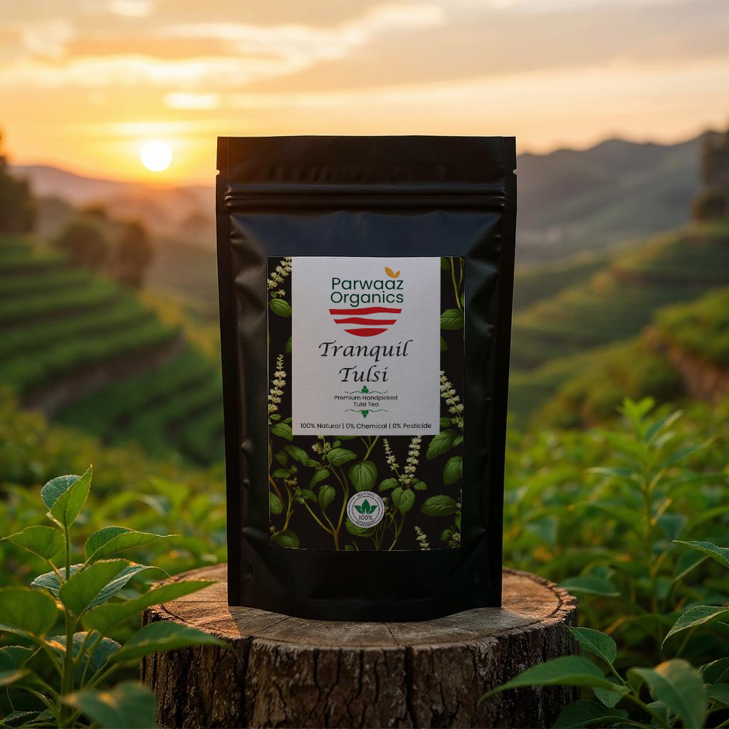 Parwaaz Organics Tranquil Tulsi package on a wooden stump with a scenic background