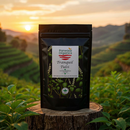 Parwaaz Organics Tranquil Tulsi package on a wooden stump with a scenic background