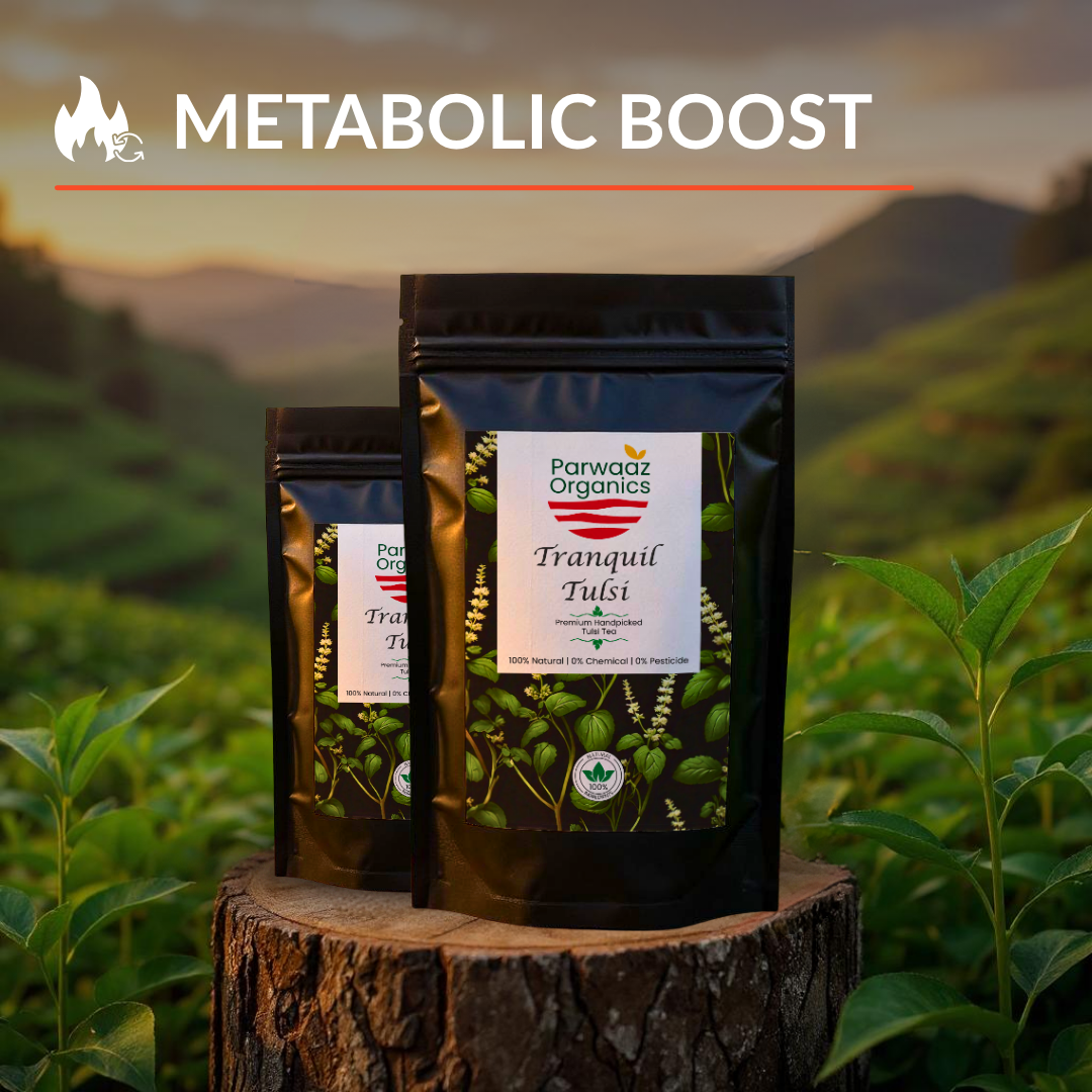 Two Parwaaz Organics Tulsi packages on a wooden stump with a scenic background